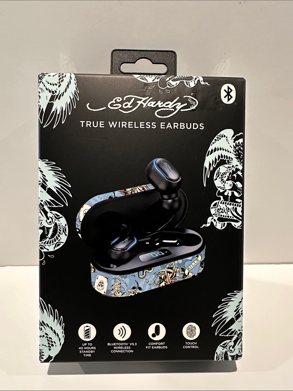 Ed Hardy True Wireless Earbuds with Charging Case and Touch Control.